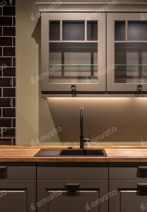 Preview: Modern kitchen with sink and glass cabinets. Minimal interior design.