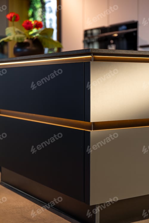 Preview: Modern kitchen island with LED lighting. Black furniture in stylish interior.