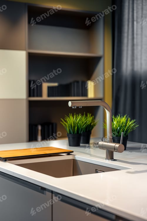 Preview: Modern kitchen sink with matte faucet and plants. Minimalist interior design with stylish furniture.