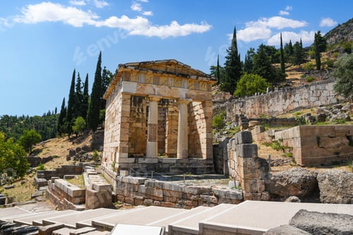Preview: Athenian Treasury building standing at Delphi, Greece archaeological site