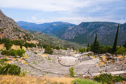 Preview: Ancient Delphi theatre ruins with Mount Parnassus views