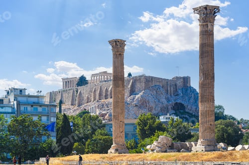 Preview: Ancient Acropolis and Temple of Olympian Zeus columns in Athens Greece