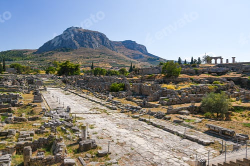 Preview: Ancient Corinth archaeological site ruins and Acrocorinth mountain in Greece