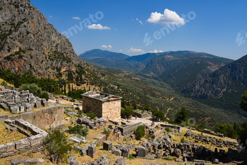 Preview: Ancient Delphi ruins in Greece with mountains and valleys
