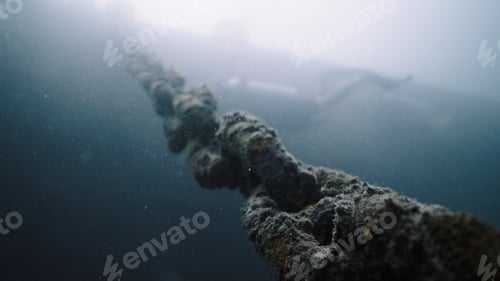 Preview: Rusted anchor chain in deep blue ocean connecting surface vessel to seabed