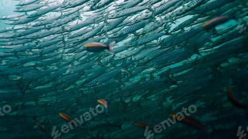 Preview: Schooling barracudas swimming together underwater in vast ocean ecosystem