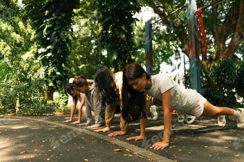 Preview: Group of young women performing plank exercise during outdoor fitness training