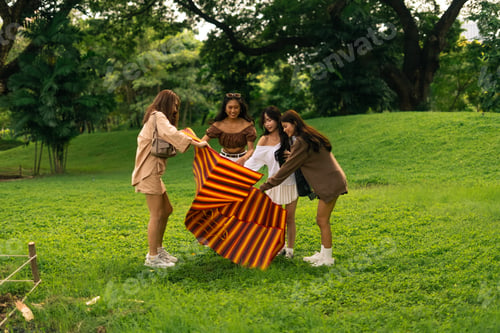 Preview: Young women friends preparing picnic blanket on grass in green park