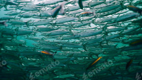 Preview: Barracuda school swimming underwater, numerous fish creating an impressive formation