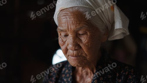 Preview: Elderly woman wearing traditional headscarf, weathered face revealing lifetime of stories and quiet