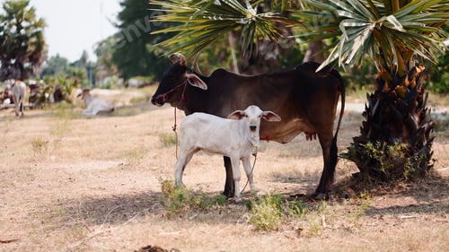 Preview: Mother cow and calf standing under a palm tree in a dry rural field