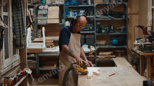 Preview: Senior artisan sanding wooden cutout in a busy carpentry workshop