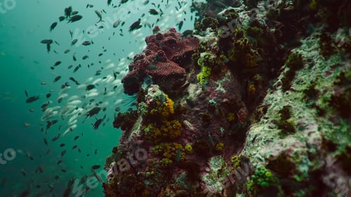 Preview: School of fish swimming around vibrant coral reef in clear ocean water