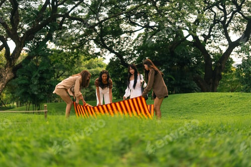 Preview: Friends preparing for an outdoor picnic, laying striped blanket on green grass