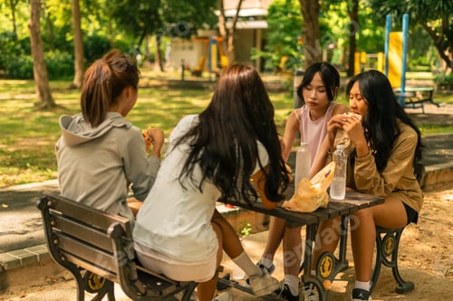 Preview: Young asian women eating lunch, enjoying a break outdoors in the park