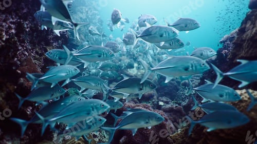 Preview: School of bigeye trevally fish swimming through a vibrant coral reef habitat