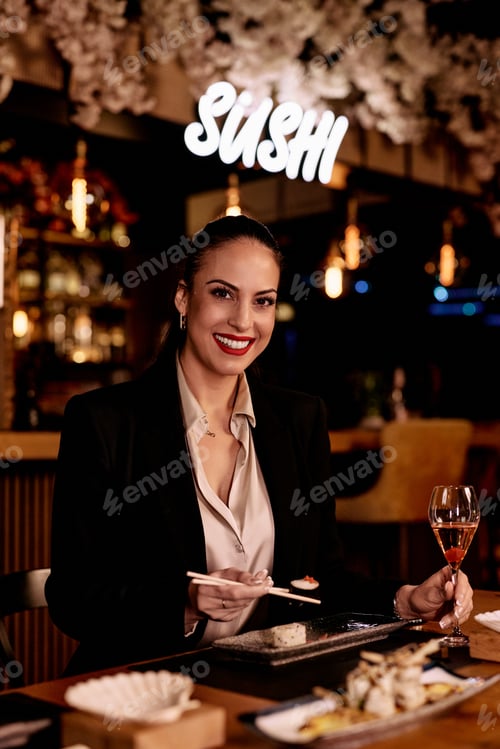 Preview: Smiling Woman Enjoying Sushi in Elegant Restaurant with Wine and Cozy Atmosphere