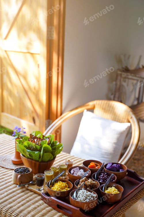 Preview: Healthy eating style, breakfast with delicious fresh vegetables and various ingredients from organic