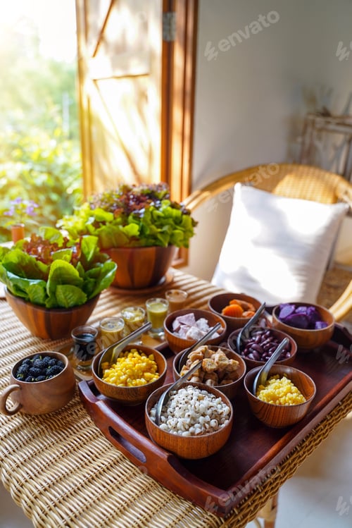 Preview: Healthy eating style, breakfast with delicious fresh vegetables and various ingredients from organic