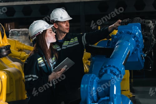 Preview: Industrial engineer team inspecting robotic arm in factory