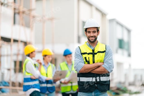 Preview: Construction worker smiling on building site, hard hat, safety vest, team, project