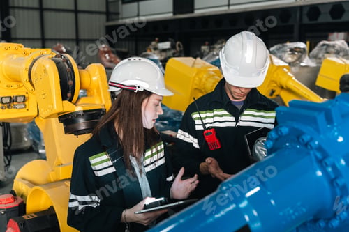 Preview: Industrial worker in factory with robot arms and safety helmet