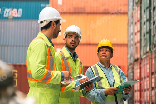 Preview: Port worker team with helmet and safety vest at container yard