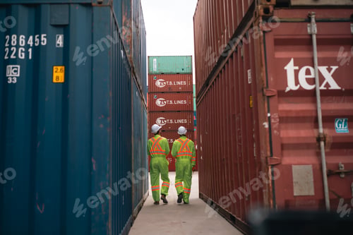 Preview: Cargo container port workers walking between shipping container