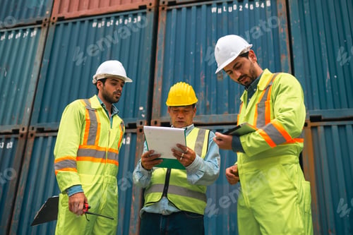 Preview: Construction worker team inspecting container yard