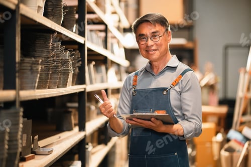 Preview: Smiling elderly man in workshop with clipboard and shelves