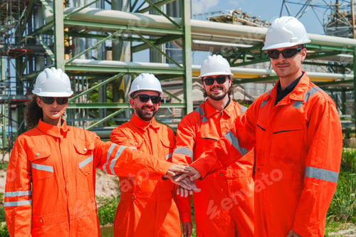Preview: Industrial worker team, hard hat, safety uniform, refinery crew joining hand