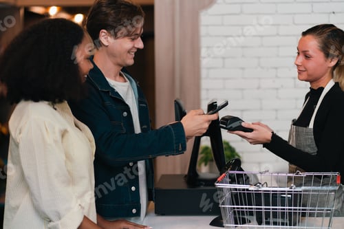 Preview: Retail payment at checkout with customer and cashier