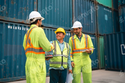 Preview: Industrial worker group, container yard, safety helmet, safety vest, teamwork