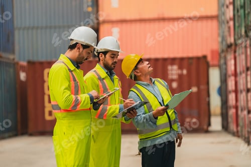 Preview: Logistics, worker, container, hard hat, safety team inspecting cargo yard