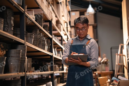 Preview: Inventory check, warehouse worker, metal shelf, storage room, clipboard note