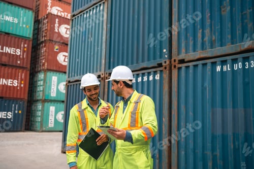 Preview: Industrial worker, shipping container, safety helmet, reflective jacket, logistics site