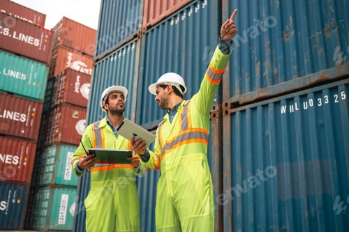 Preview: Container inspection team at port, safety helmets and clipboard