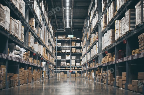 Preview: Warehouse, aisle, shelf, box, pallet with stacked inventory in industrial storage