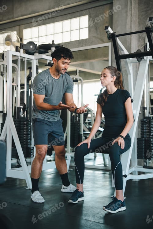 Preview: Personal trainer, woman, gym, exercise coaching scene with fitness equipment