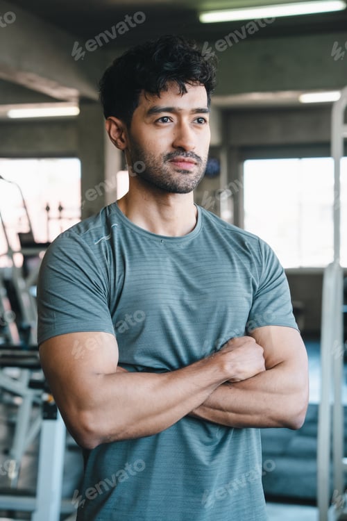 Preview: Man, gym, fitness, portrait, athletic man with crossed arm in gym