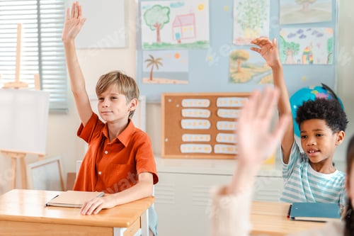 Preview: Child classroom student hand school, diverse children raising hand during lesson