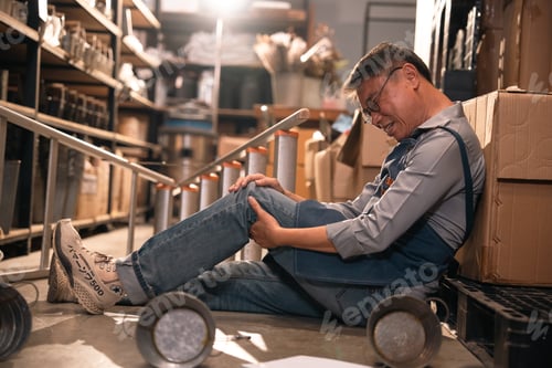 Preview: Worker injury warehouse worker knee pain injured leg sitting