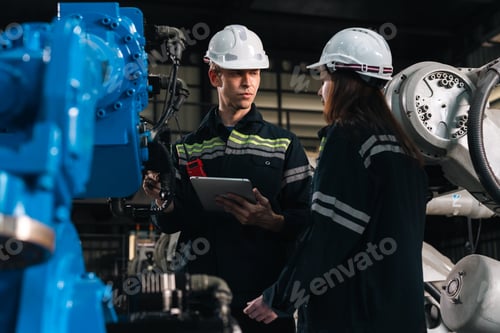 Preview: Industrial engineer teamwork in factory with tablet and machinery