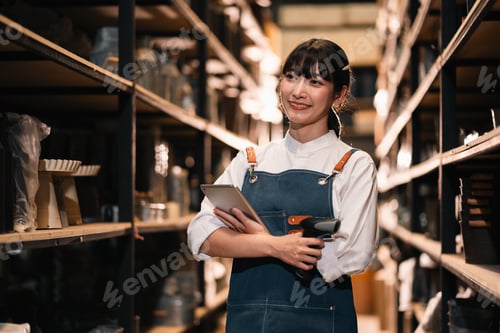 Preview: Smiling female worker holding tablet in warehouse aisle