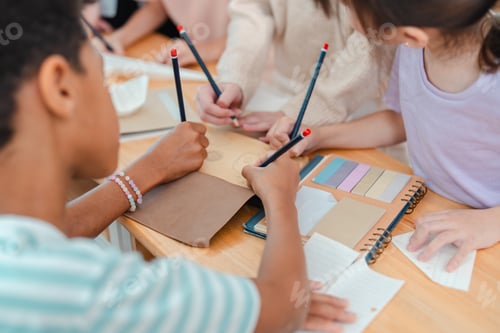 Preview: Child, pencil, notebook, classroom, hand writing during creative group school activity