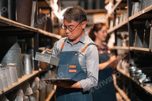 Preview: Metal worker inspecting container in workshop with shelf and blur coworker
