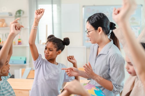 Preview: Classroom child teacher student education learning child raising hand diverse classroom with