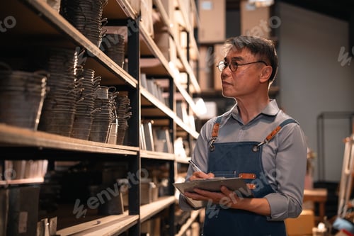 Preview: Inventory worker warehouse shelf man clipboard record