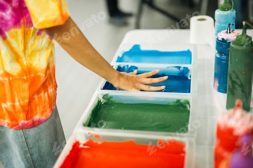 Preview: Paint brush paint tray paint bottle color workshop with colorful acrylic pigment, art studio setup