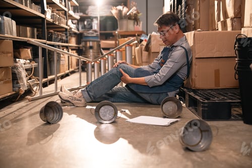 Preview: Warehouse worker injured on floor near boxes and fallen cans